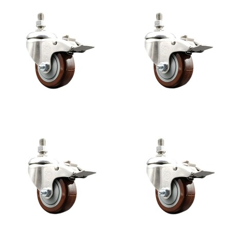 Service Caster 3.5 Inch 316SS Maroon Polyurethane Swivel 10mm Stem Caster Set Lock Brake SS316TSTTL20S3514-PPUB-MRN-M1015-4
